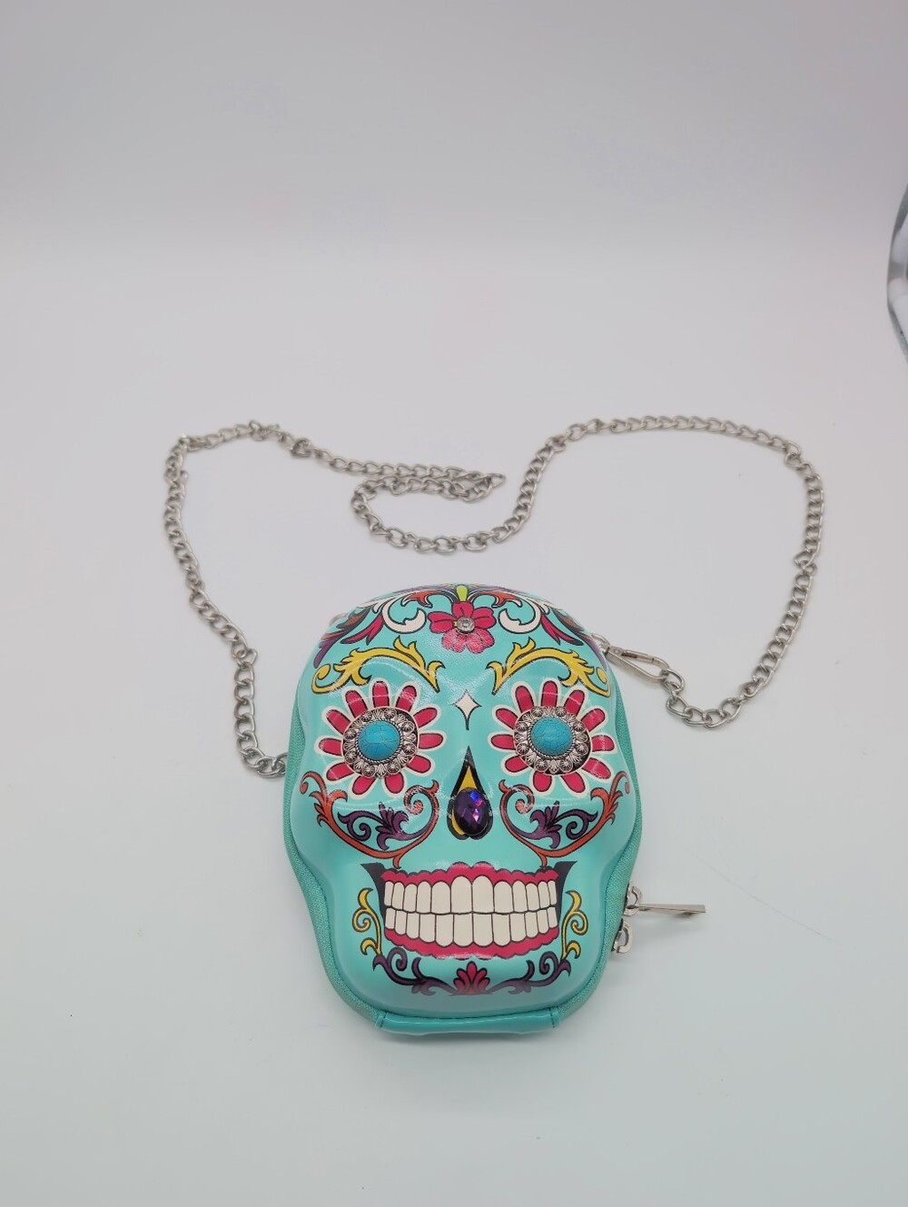 Cowgirl Trendy Turquoise Sugar Skull Crossbody Bag with Chain Day Of The Dead